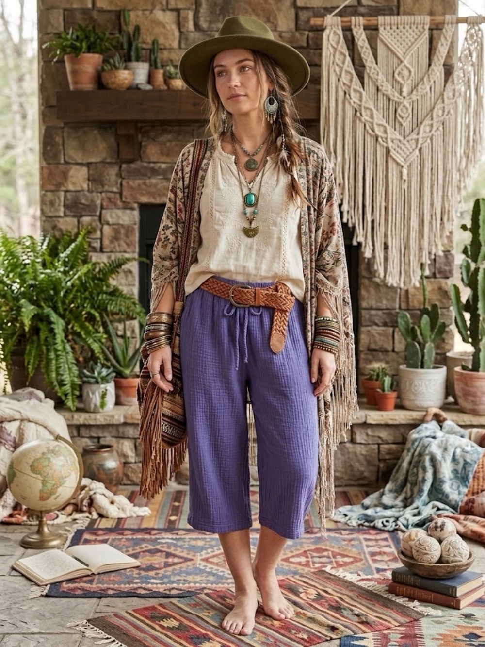 Jessica Simpson Boho 100% Cotton Relaxed Purple Cropped Drawstring Pants - Women